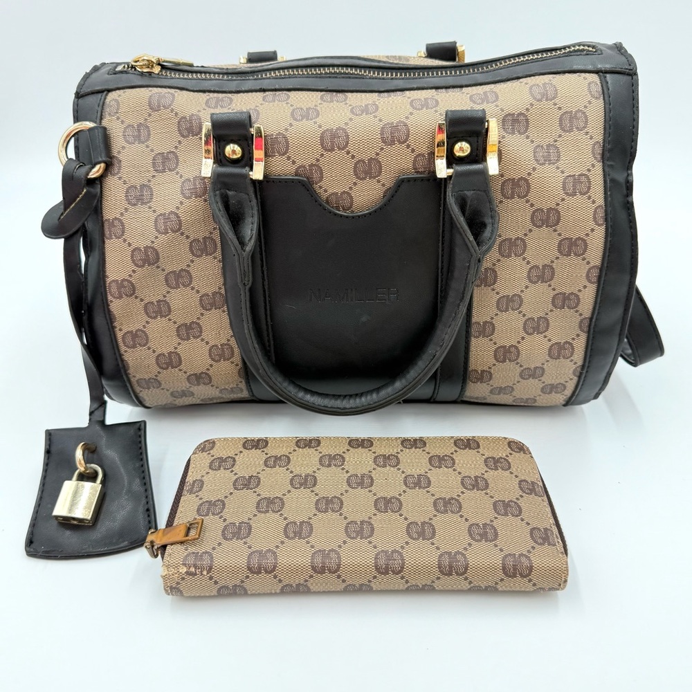 Namiller Black and Brown Leather Shoulder Bag Set With Wallet (B0002)